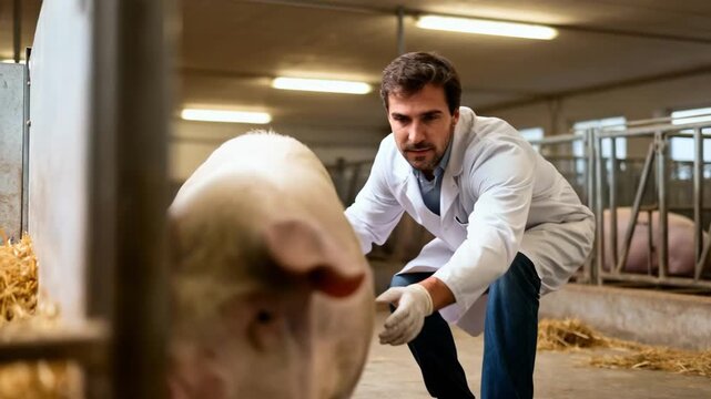 Medium shot showing a veterinary professional assessing live pigs in a livestock facility for health status during antemortem examination.