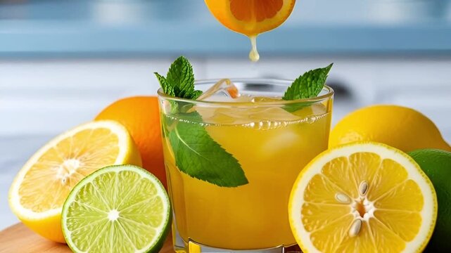 Video 4k  Freshly squeezed orange juice with citrus fruits and mint leaves in a glass