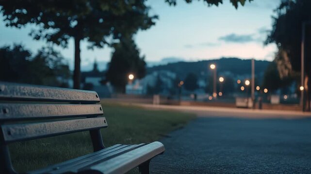 Empty park bench facing a blurring urban cityscape during twilight, conveying a sense of calm, solitude, and peaceful evening contemplation in a quiet outdoor setting