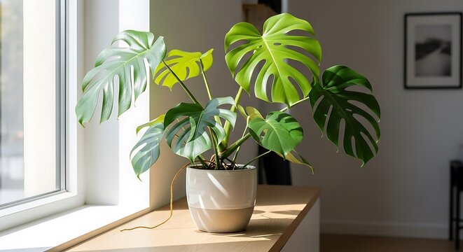 Indoor plant scene featuring a monstera deliciosa in a simple ceramic pot, placed near a window with soft natural daylight