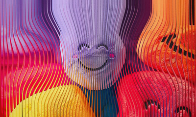 Abstract 3D Purple Plush Smiley Character Behind Vibrant Vertical Fluted Glass Texture
