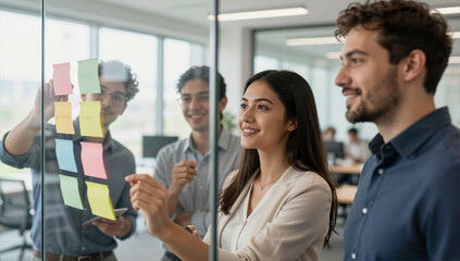 Obraz premium Diverse Business Team Collaborating in Modern Glass Office Meeting