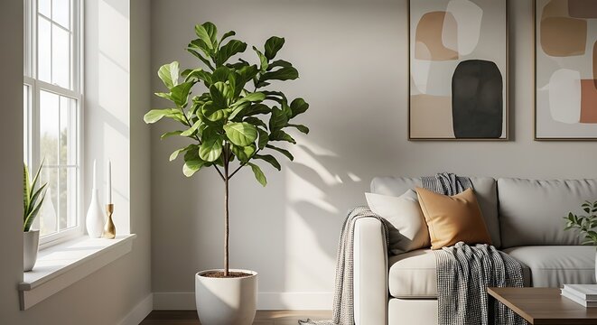 Living room scene with a fiddle leaf fig tree in a pot, natural sunlight from side window, modern cozy interior