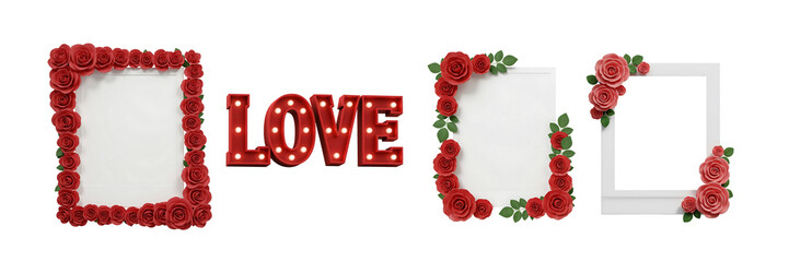 red roses on picture frames and love sign