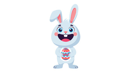 Obraz premium Sweet white bunny smiles happily while holding a large decorated Easter egg with colorful zig-zag patterns for the spring holiday.