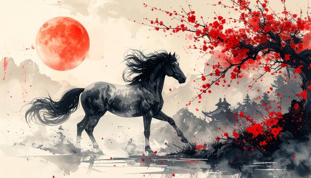 Traditional ink painting style horse, Lunar New Year theme