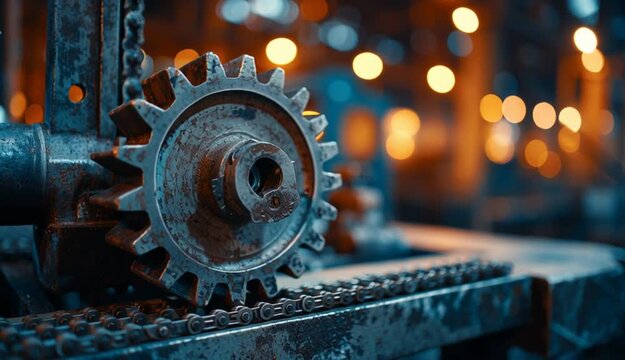 Industrial machinery gears and cogs in old factory, rusty worn metal gears with blue patina, mechanical transmission system, chains and sprockets