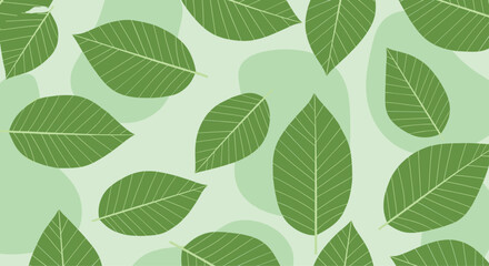 Nature themed seamless pattern showing many green leaves of different sizes and shades scattered across a light green background.