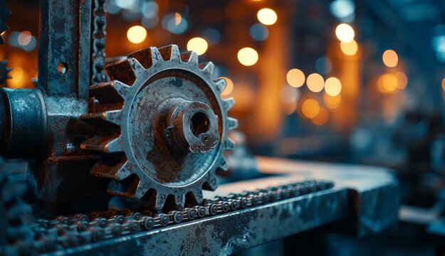 Industrial machinery gears and cogs in old factory, rusty worn metal gears with blue patina, mechanical transmission system, chains and sprockets
