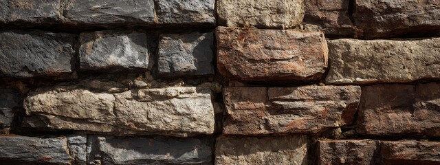 Naklejka premium Detailed View of Textured Stone Wall Featuring Various Colors and Patterns in Natural Setting