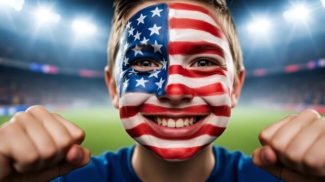 Video 4k Young fan with American flag face paint cheers enthusiastically at a sporting event