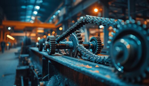 Industrial machinery gears and cogs in old factory, rusty worn metal gears with blue patina, mechanical transmission system, chains and sprockets