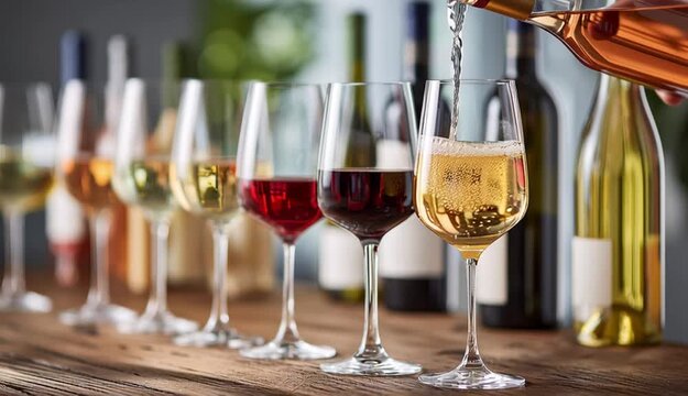 Wine tasting setup with multiple wine glasses and bottles on wooden table, rose wine being poured from bottle into glass on the right side, row of wine glasses filled with different colored wines