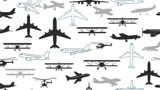 Seamless pattern featuring various aircraft silhouettes in black and white