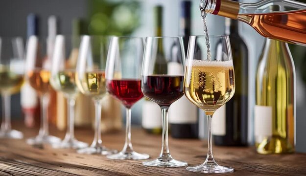 Wine tasting setup with multiple wine glasses and bottles on wooden table, rose wine being poured from bottle into glass on the right side, row of wine glasses filled with different colored wines