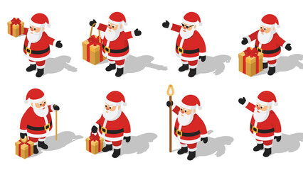 Fototapeta premium Isometric santa claus characters with gifts in festive poses
