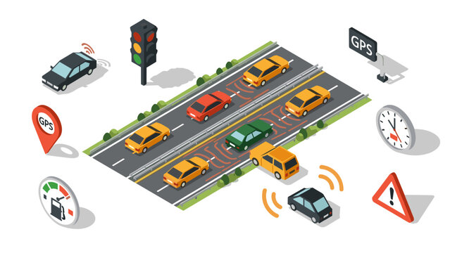 Smart traffic system isometric design with gps, automated cars, and road sensor technology