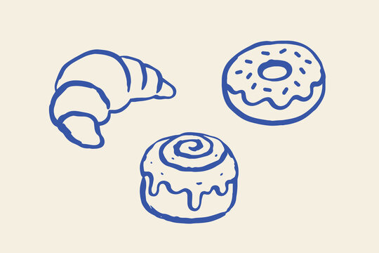 Croissant donut and bun doodle line art vector illustration