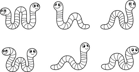 Set of cute cartoon worm illustrations in different poses, simple black line art characters isolated on white background for kids education and coloring