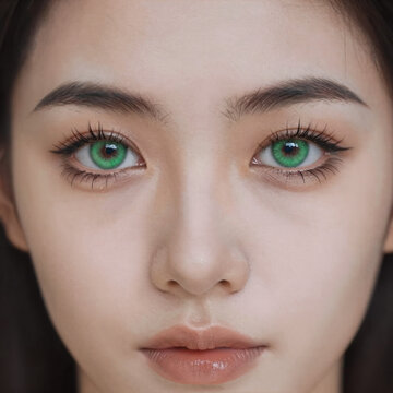Close-up of a green-eyed Asian woman with accentuated almond eyes, eyebrows, and false eyelashes