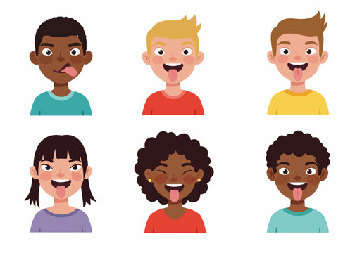 Diverse group of playful cartoon children avatars, boys and girls of various ethnicities, making funny faces and sticking out their tongues, expressing mischief and fun.