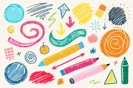 Hand drawn crayon set with colored pencils and markers on white background crayons supplies 1 colorful