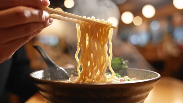 Close-up of person lifting cooked noodles from a steaming bowl of ramen with chopsticks in a cozy restaurant setting