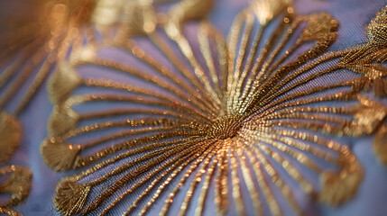 Obraz premium Detailed close-up of luxurious gold metallic embroidery on lavender fabric featuring a radial dandelion motif