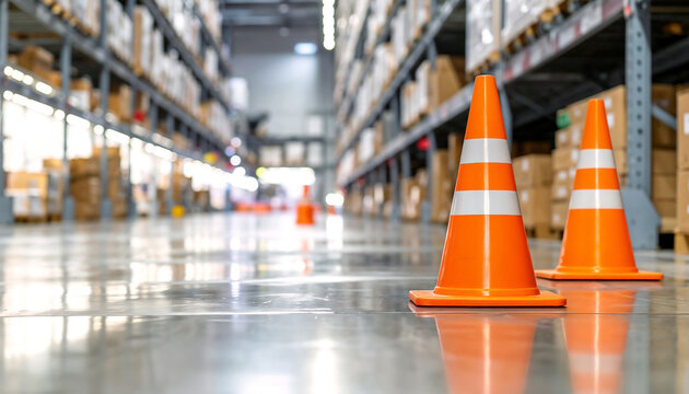 Orange traffic cones sit on the floor in a warehouse aisle between shelves filled with boxes