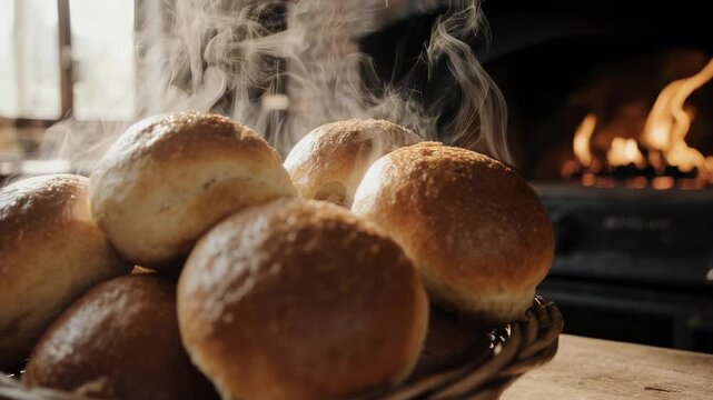 Freshly Baked Bread Rolls in a Basket near Fireplace for a Cozy Food Display