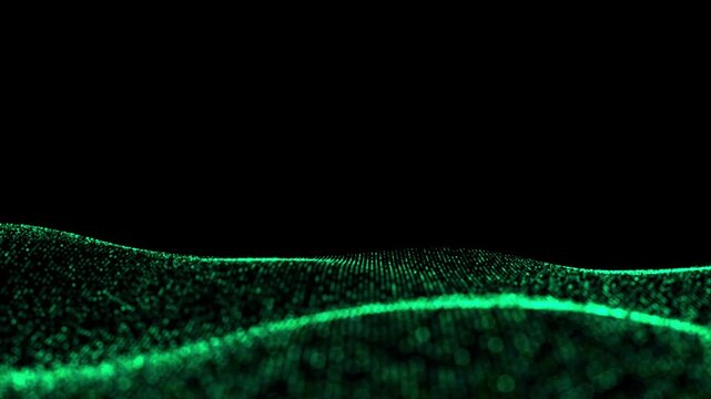 Abstract Green Digital Wave Particles Background Futuristic glowing green particle waves flowing on a dark background for technology and network concepts.