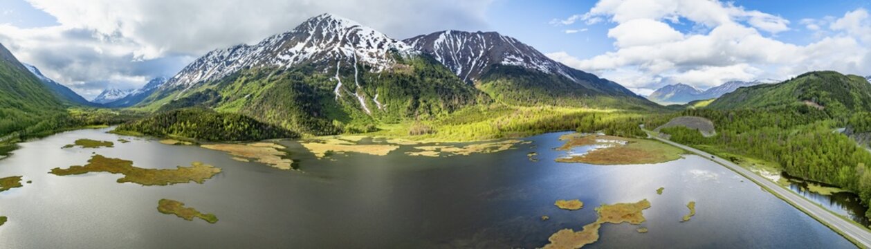Lake Tern Lake and mountain landscape, aerial view, Moose Pass, Kenai Peninsula, Alaska, USA