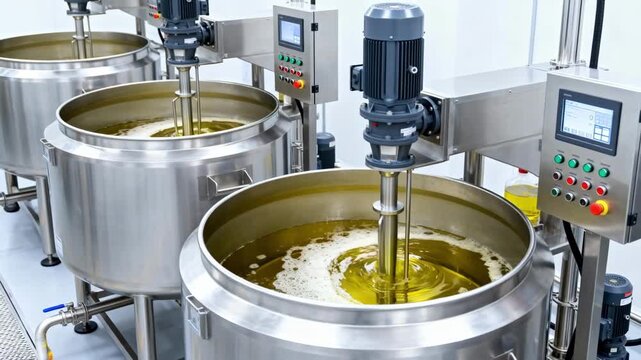 Medium shot of industrial tanks mixing seedbased oil blends with antiwear additives showcasing machinery and control panels in a clean manufacturing environment.