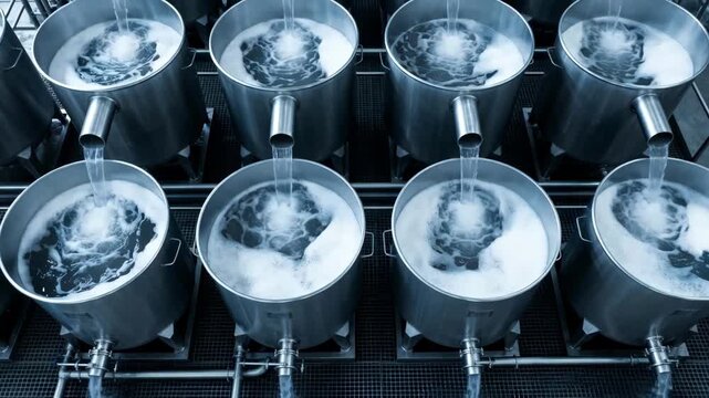 Overhead view of large steeping vessels with frothy water flowing in and out emphasizing the controlled fermentation process and industrial scale production.