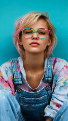Obraz premium Young woman artist in paint stained overalls and colorful glasses