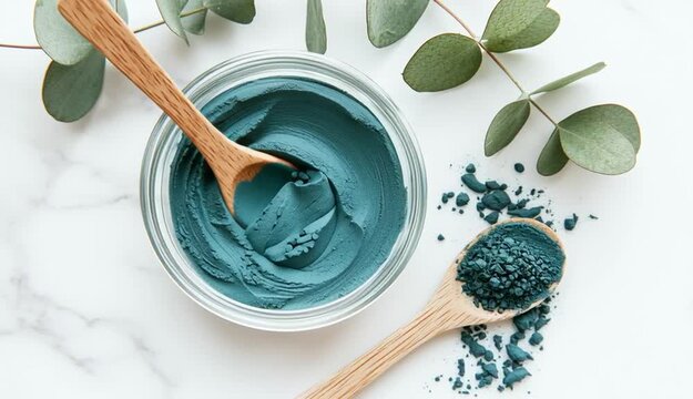 Clear glass bowl filled with blue spirulina powder or blue clay face mask, wooden spoon inside the bowl and another wooden spoon with blue powder beside it on white marble surface
