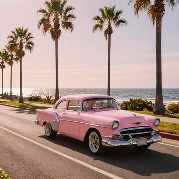 Vintage pink car cruising down a coastal road lined with palm trees, bathed in sunset pastels