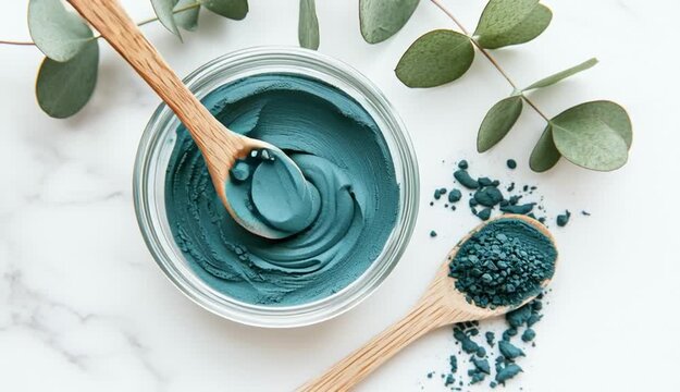 Clear glass bowl filled with blue spirulina powder or blue clay face mask, wooden spoon inside the bowl and another wooden spoon with blue powder beside it on white marble surface
