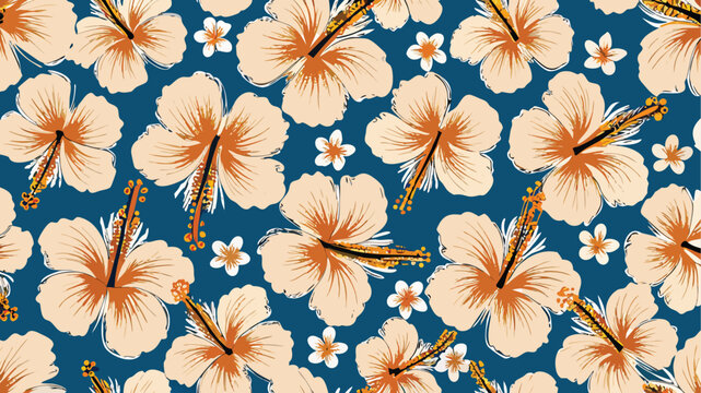 Vibrant orange and white hibiscus flowers on a blue background tropical floral pattern