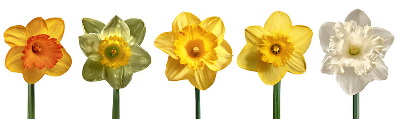 Five Daffodils in Various Yellow and White Hues on Transparent Background, PNG