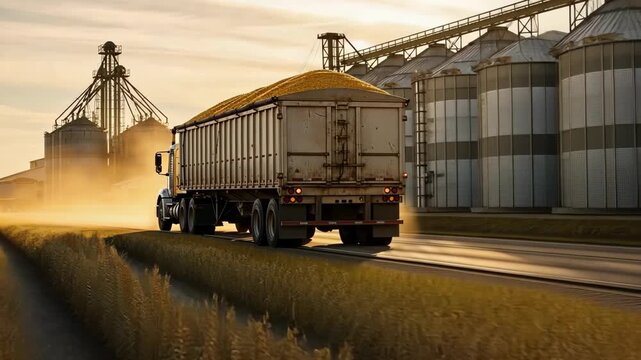 A truck loaded with grain moves along a dirt road next to tall storage silos as the sun sets in the background, creating dust clouds