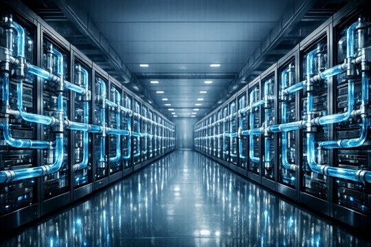 Modern data center with glowing blue liquid cooling pipes running between server racks