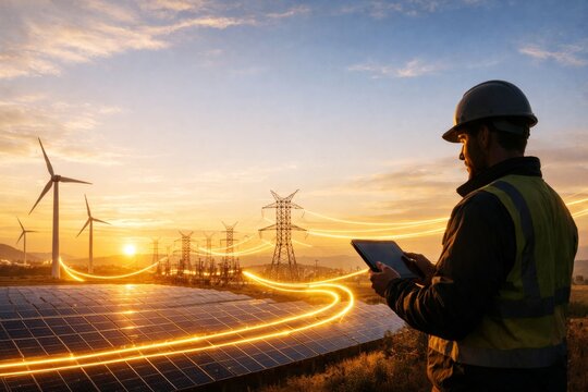 Engineer monitoring renewable energy production with tablet at sunset, solar panels and wind turbines