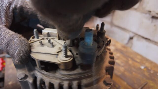 Professional car mechanic in gloves dismantling old and dirty car alternator with head key while repairing car in garage workshop close-up on table