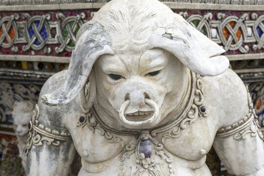 Decorative elements with pop culture references (for example comics, superheroes) in the stucco and porcelain vases outside and inside the art hall with modern art trends such as minimalism and abstraction, Wat Pariwat, Yan Nawa district, Bangkok, Thailand