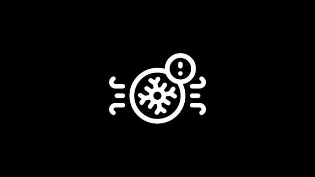 Simple white icon of a snowflake inside a circle with an exclamation mark