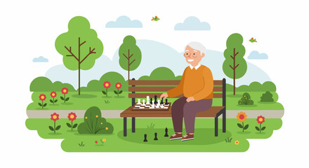Fototapeta premium Smiling elderly man playing chess in a sunny park, enjoying outdoor leisure and mental stimulation.