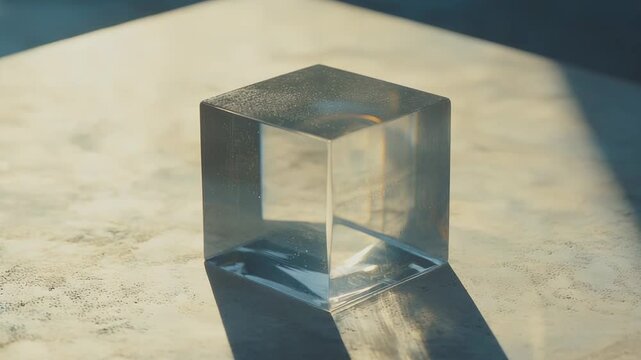 Transparent cube displaying precise geometric form and casting a long shadow on an uneven white surface, highlighting concepts of light, shadow, and refraction