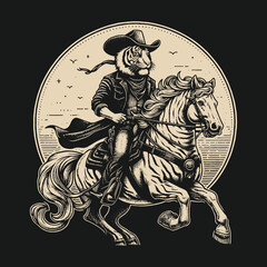 Tiger Cowboy Riding a Horse in Vintage Style Illustration.