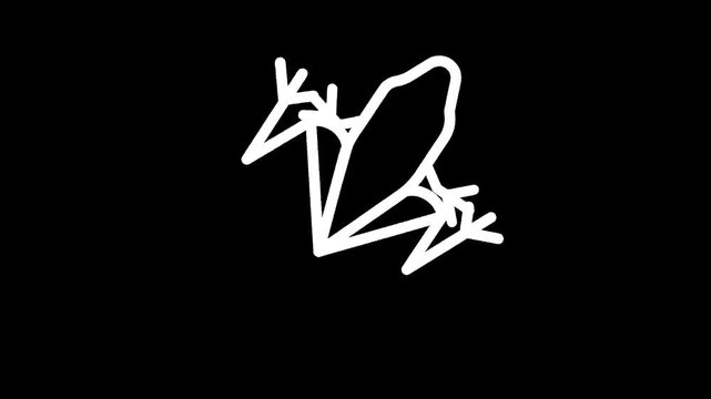 Minimalist white line art of a frog jumping on a black background